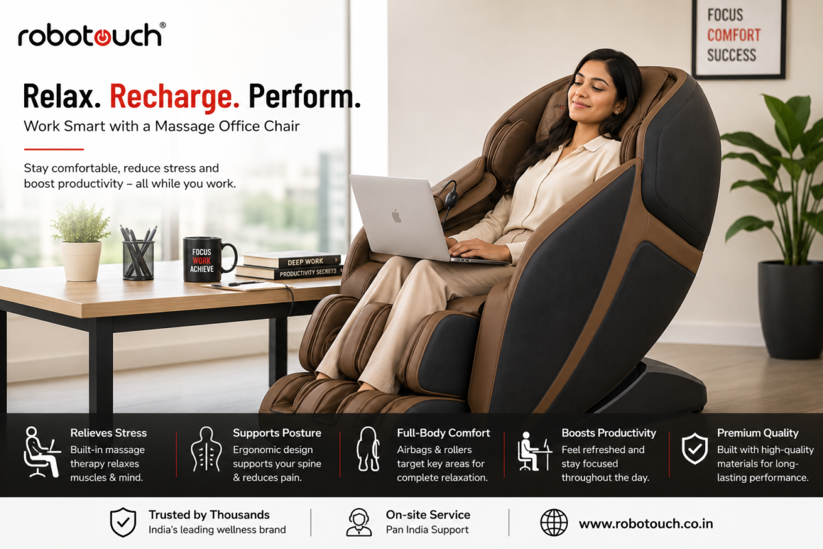 Professional using a massage office chair for back support and workplace comfort